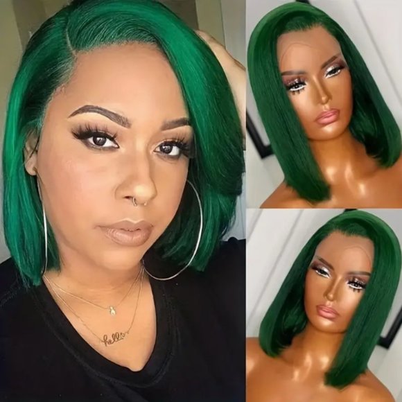 Green Straight Short Bob Wig 13x4 Lace Frontal Human Hair Wigs